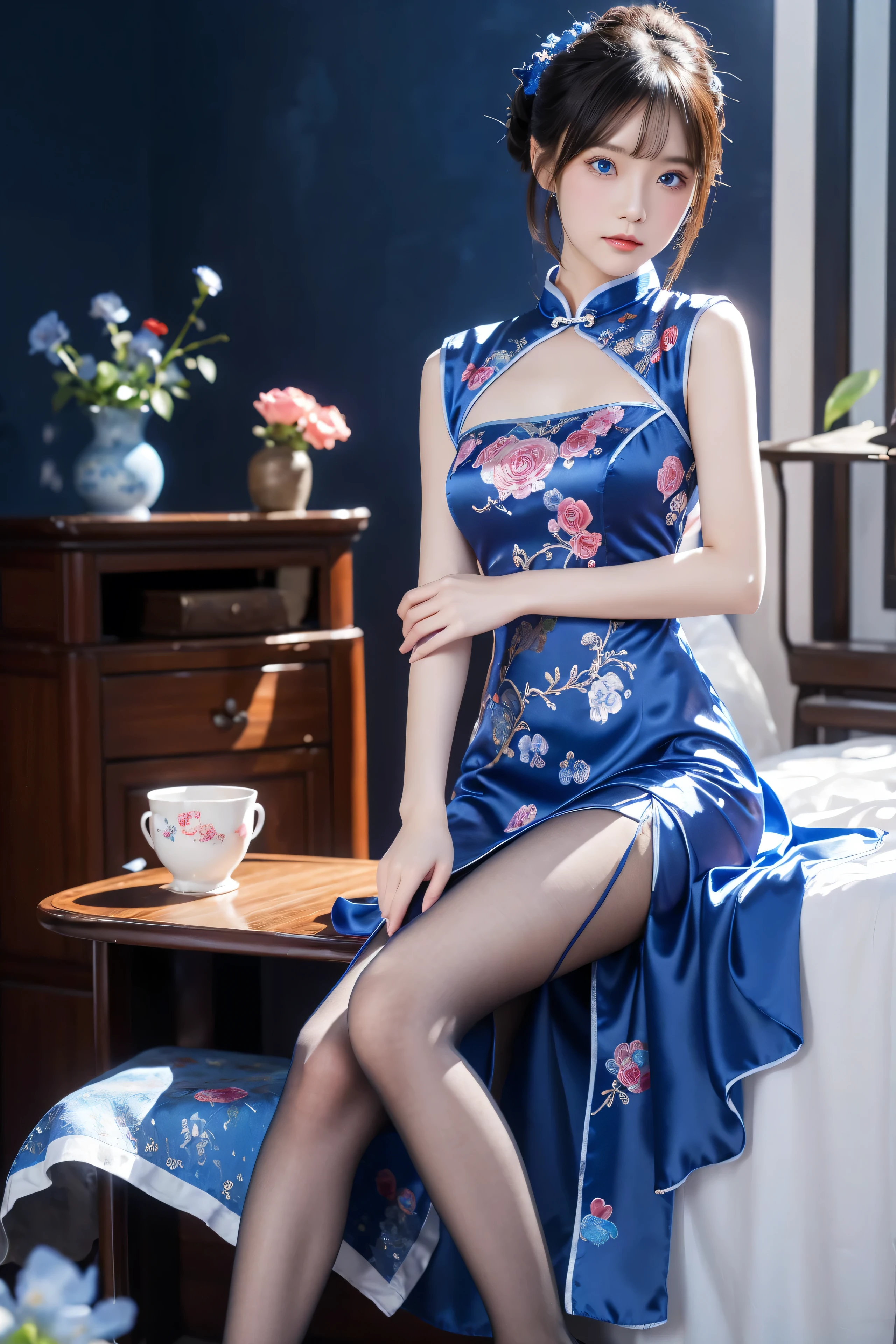 ((masterpiece、highest quality))、detailed face、Sexy Japan Models、(((Beautiful patterned embroidered Chinese dress 1.3)))、(Blue cheongsam)))、Wearing a sexy cheongsam、(double bun hair:1.3)、big breasts、cleavage、depth、1 girl、Symmatic lighting、high heels、sexy woman、Sexy beautiful legs、Beautiful legs focus、Attractive beautiful legs、セクシーなhigh heels、ルブタンのセクシーなhigh heels、Sitting on a chair with her legs crossed in a sexy way、Naughty legs、smile、sexy costume