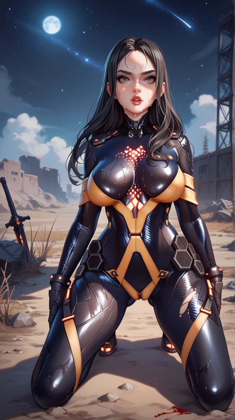 1female，45 yers old，Married Woman，熟妇，mature，plumw，extremely large bosom，Big breasts Thin waist，long leges， 独奏，（Background with：A desert，pyramid，armored car，chariot，tanks） She has short black hair，bobo head，，seen from the front， Stand on tanks， mostly cloudy sky，（（（tmasterpiece），（Very detailed CG unity 8K wallpaper），best qualtiy，cinmatic lighting，detailed back ground，beatiful detailed eyes，Bright pupils，Black eyes，Snow-whiteskin，Redlip（Very fine and beautiful），（Beautiful and detailed eye description），ultra - detailed，tmasterpiece，））facing at camera，A high resolution，ultra - detailed），revealing breasts，Bare genitalia，  Bulge，legs are open，Raised sexy，Camel toes，Flushed complexion，Desire for dissatisfaction，frontage，binh（Wearing：cyber punk style，Blue and red combat uniforms，Armour，X-Men uniforms）