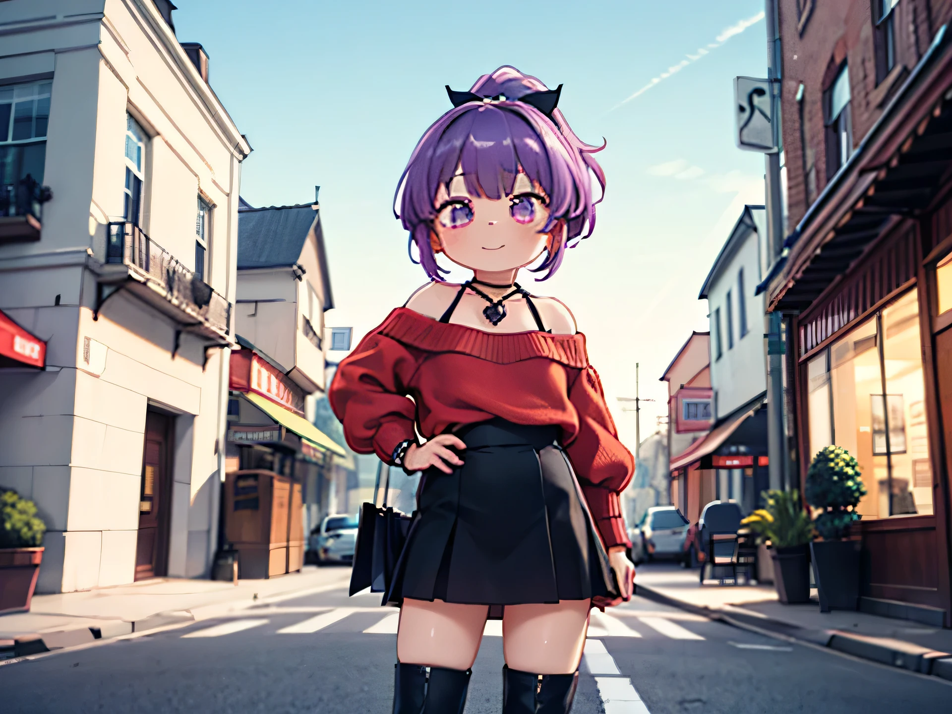 A character with vibrant, vivid purple hair styled in a high ponytail, featuring large, expressive purple eyes. She wears a red off-shoulder sweater with puffed sleeves, a black leather skirt, and black ankle boots. Her outfit combines a cute yet slightly mature and edgy vibe. A decorative ribbon accessory in dark red is tied behind her ponytail, adding a touch of charm. She stands on a bustling street corner in the early evening, with the light from the setting sun spreading a reddish glow across the sky. She holds a small shopping bag in one hand and rests the other hand on her hip, standing with a slight forward lean. Her gaze is directed slightly into the distance, with a curious look in her eyes. The city wind gently ruffles her hair and ribbon as she smiles softly, feeling a small sense of happiness amidst the urban environment. She also wears a silver bracelet on her wrist and carries a black fan with red patterns discreetly in her shopping bag.