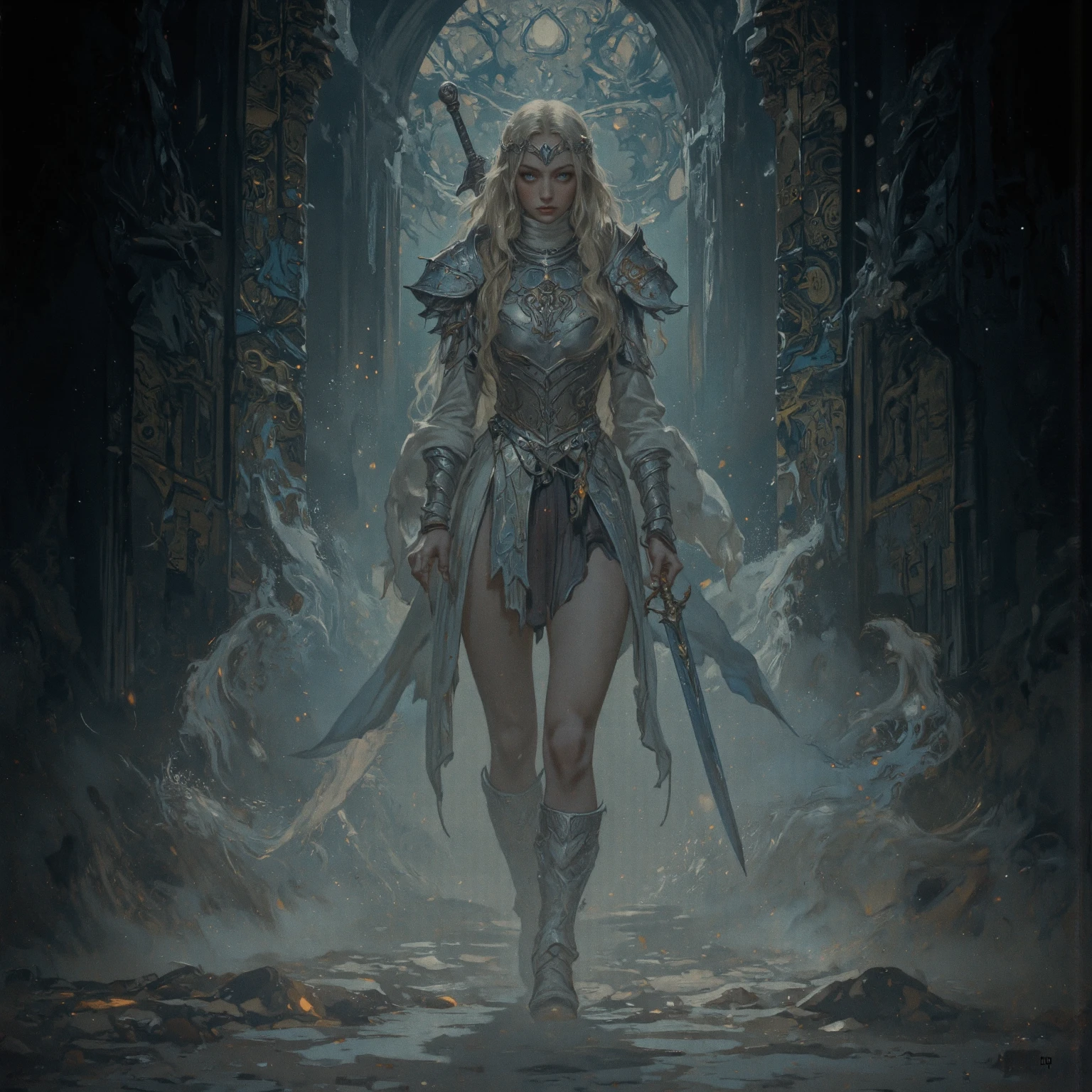 modelshoot style, (extremely detailed CG unity 8k wallpaper), sexy full shot body photo of the most beautiful artwork in the world, medieval armor, professional majestic oil painting by Ed Blinkey, Atey Ghailan, Studio Ghibli, by Jeremy Mann, Greg Manchess, Antonio Moro, trending on ArtStation, trending on CGSociety, Intricate, High Detail, Sharp focus, dramatic, photorealistic painting art by midjourney and greg rutkowski, mercy \(overwatch\),