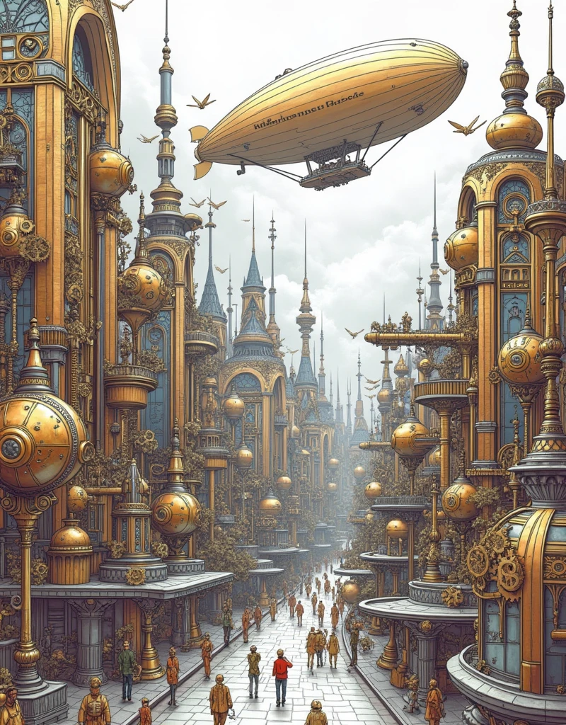A sprawling steampunk cityscape" with towering brass buildings - SeaArt AI