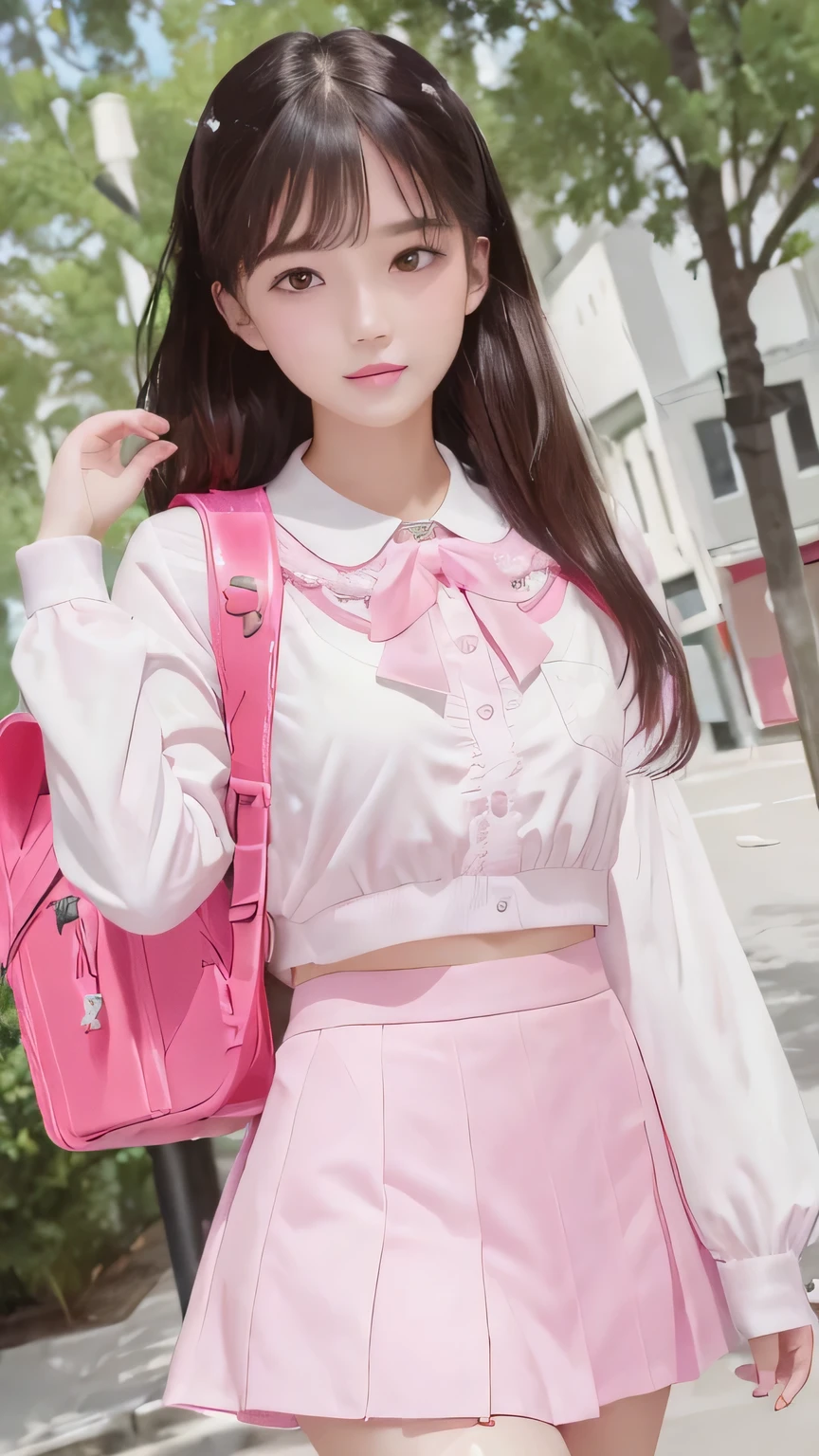 (Best Quality,4K,High resolution:1.2), Ultra-detailed, Realistic portrait, Best Quality, (outside japanese high school), (passionate scene),one very young looking high school girl, (intense emotion), (innocent look, pink ,white and black school uniform), ((cute face, showing full body)), (perfect long legs, high waist mini pleated skirt, tight shirt), large brown eyes, long black hair, pigtails, cute smile, rose cheeks, muscular abs tiny body, tiny waist, large bows and ribbons in hair, (large round black rimmed glasses), ((tights and stockings, looking up at camera)), (standing, leaning forward)
