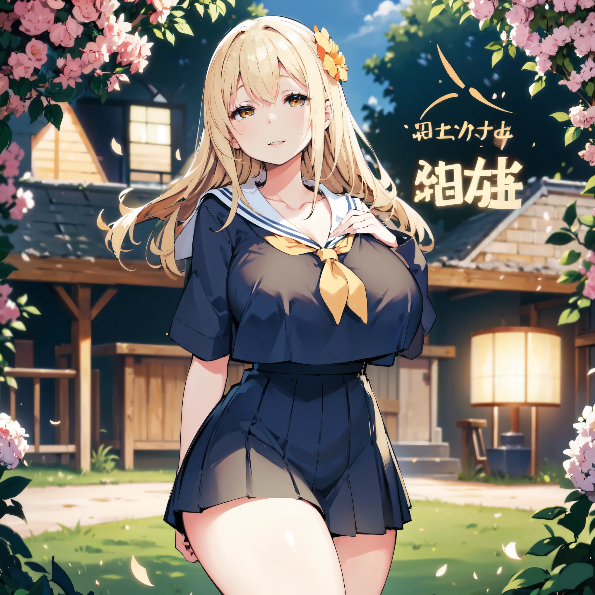 Blonde hair, very huge tits , ((sailor uniform)), ((thick, busty)), amber eyes, upperbody, smile, cleavage, legs, thigh, garden flower background