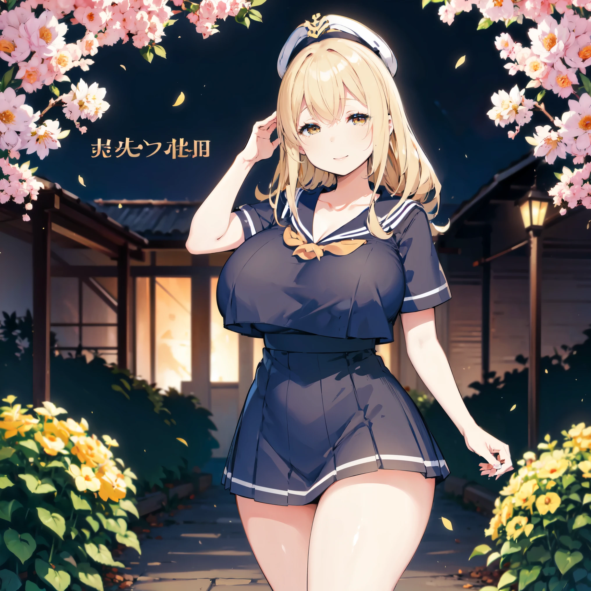 Blonde hair, very huge tits , ((sailor uniform)), ((thick, busty)), amber eyes, upperbody, smile, cleavage, legs, thigh, garden flower background