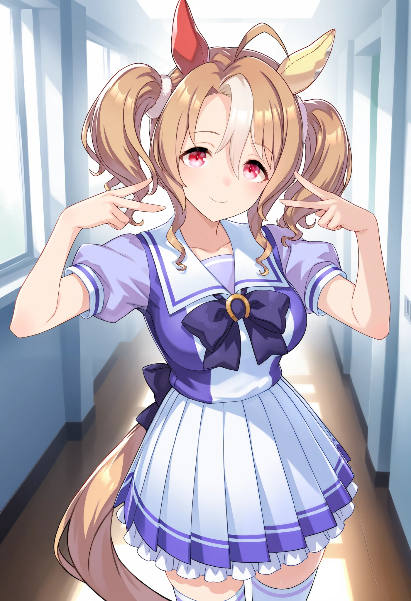 ((1 girl)), fusaichi pandora\(umamusume\), ahoge, blonde hair, hair between eyes, short twintails, twintails, hair ornament, red eyes, horse ears, horse girl, horse tail, yellow ear cover, red ear cover, nsfw, indoors, cowboy shot, standing, double v, smile, tracen school uniform, summer uniform, serafuku, puffy short sleeves, purple bowtie, horseshoe ornament, sailor collar, sailor shirt, purple shirt, white skirt, pleated skirt, frilled skirt, miniskirt, zettai ryouiki, white thighhighs, brown footwear, loafers, beautiful hand, beautiful fingers, body without discomfort, chest, small curvaceous, medium breasts, ((masterpiece)), (best quality), (absurdres), (ultra detailed), (very aesthetic)