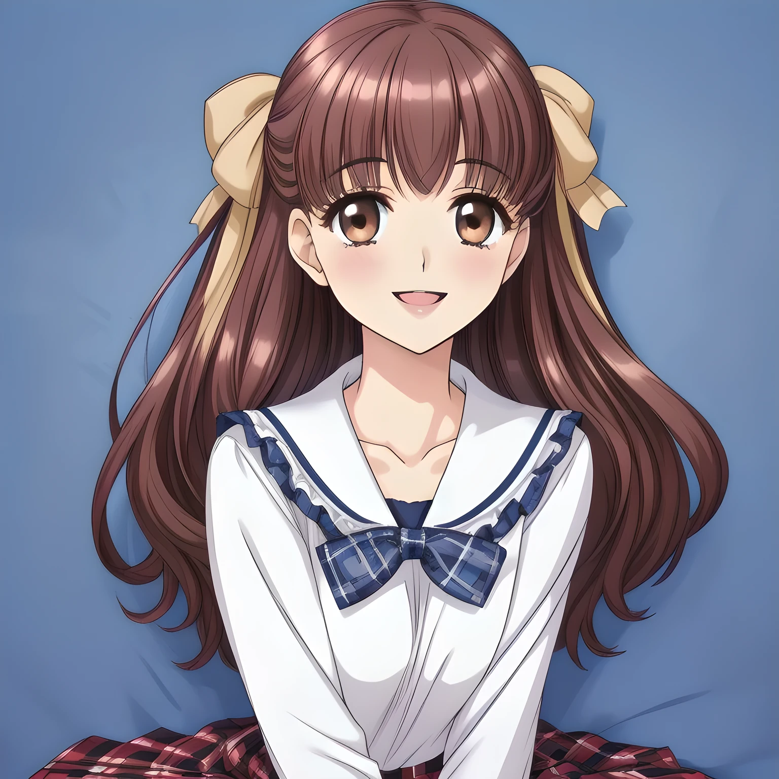 (highest quality, masterpiece: 1.6), (A (too beautiful graceful date-anime heroine) is seated (smiling gracefully in extreme happiness and bliss) on a expensive bed and laughing at me with their pretty open mouth and lovely lips, can't stop giggling, (Too Beautiful beautiful anime noble heroine), beautiful giggling noble elegant 15yot anime heroines wares completely white frilled girly blouse and (tartan checkered navy blue very-glossy plaid school skirt, beautiful shin), (inviting me into deep harem of siren and succubi), Noble Elegant uniform: 1.5), (white white white frilled blouse, with (pretty shiny large blue scarf made of silk) on the breast: 1.2), (Anime-heroine's girly noble laughing giggling (half closed) brown eyes, the eyes shines and has strong effect of allusion to the viewer: 1.6), (Realistic Charming neat dark-navy-blue very-neat well-pleated long dark-blue checkered glossy expensive plaid school skirt made of metallic-blue-wool: 1.6), (sky-blue background with white heart figured clouds: 1.7), (Eyes, face and hair are especially beautifully detailed and beautifully drawn to seduce: 1.5), (Girl whom everyone loves because of her beauty and lovely fashion and noble manner and magic-charm like succubus: 1.0), (Very beautiful, wavy, cutely super-super-long wavy gorgeous rich dark black hair like hair model, with elegant big yellow hair ribbons: 1.3), (beautiful black hair: 1.5), (Perfect slender body style like a fashion model), (The girl is too much beloved because of her beauty and seducing proportion: 1.2), (half body portrait side shot: 0.3), ((Circulating Chaotic girly pink background)), ((too elegant smile), very elegant noble pose: 1.5)