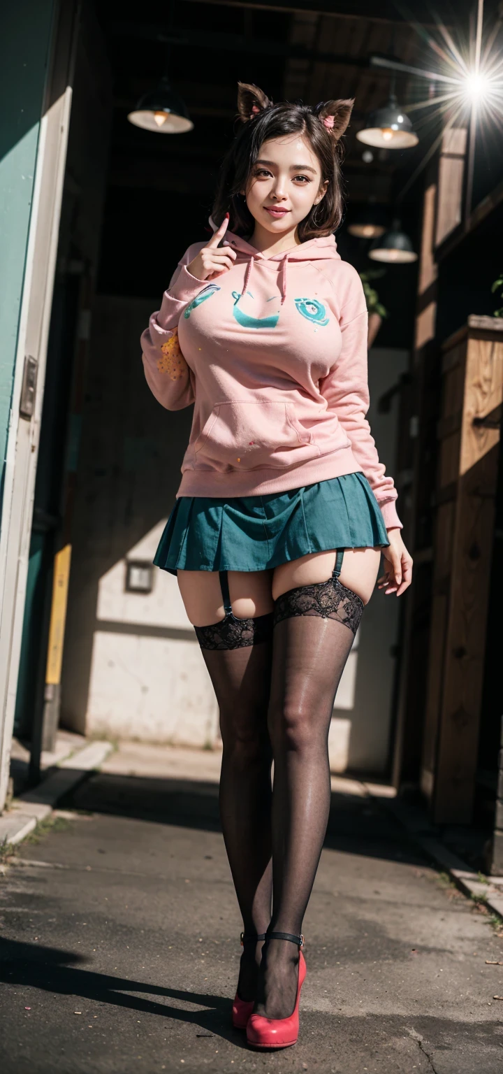 1 girl、18-year-old、Tremendously large breasts、(very big 180.0)high school girl、(gray long hair)、2 tone color、(highlight pink hair color)off shoulder knit sweater、(Sweater with wide open chest)mini skirt、high heels、Fishnet tights、city background、please show me your underwear、(black and pink lace panties)lift up your skirt、profuse sweat on the thighs(1.8)、Low - Angle、disgusted face、action of stepping on something