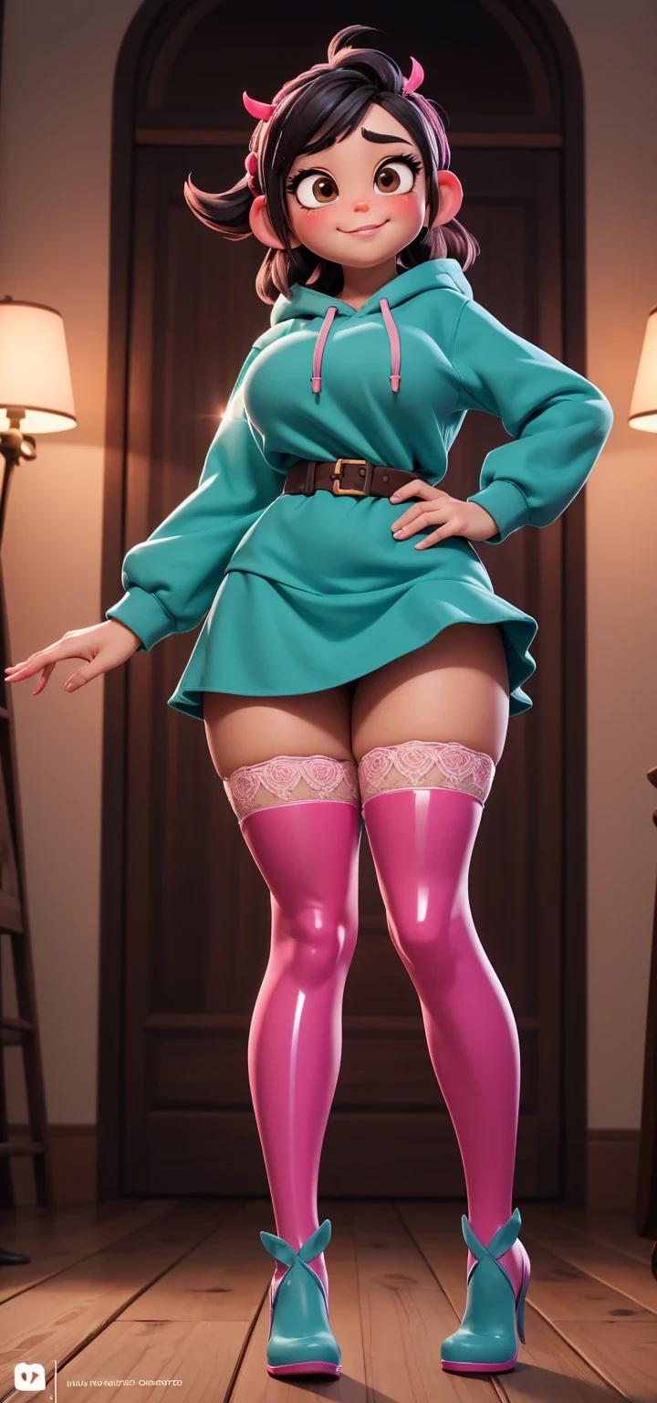 Full body view, adult, (best quality:1.4),(shiny skin), body focus, (cute face), (((best quality))), illustration, adult, full body view, ((Beautiful Finger)), , Beautiful body, Beautiful character design, ,perfect lighting, Colorful, Bright_Front_face_Lighting, ultra high res, highres, absurdres:1.2, bokeh:1.2, lens flare, huge breasts, tall, long curvy legs, stockings,(vibrant_color:1.2), , (thick thighs:1.3), THICK, Black hair with colored sprinkles, red stockings, teal hoodie, large brown eyes,perfect ears, pink blush on cheeks, content expression, skirt, adult Vanellope von Schweetz, 30 years old. From below
