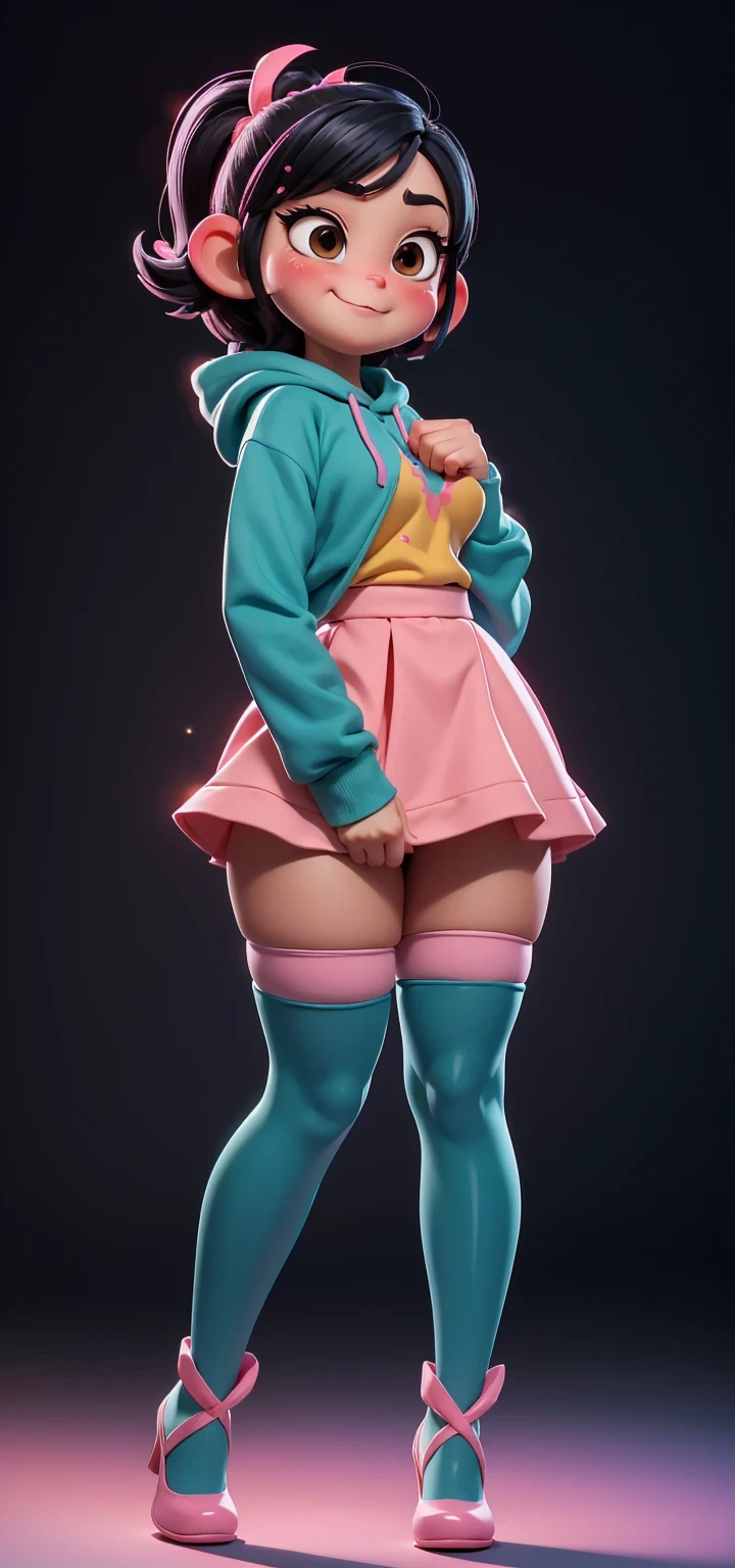 Full body view, adult, (best quality:1.4),(shiny skin), body focus, (cute face), (((best quality))), illustration, adult, full body view, ((Beautiful Finger)), , Beautiful body, Beautiful character design, ,perfect lighting, Colorful, Bright_Front_face_Lighting, ultra high res, highres, absurdres:1.2, bokeh:1.2, lens flare, huge breasts, tall, long curvy legs, stockings,(vibrant_color:1.2), , (thick thighs:1.3), THICK, Black hair with colored sprinkles, red stockings, teal hoodie, large brown eyes,perfect ears, pink blush on cheeks, content expression, skirt, adult Vanellope von Schweetz, 30 years old. From below
