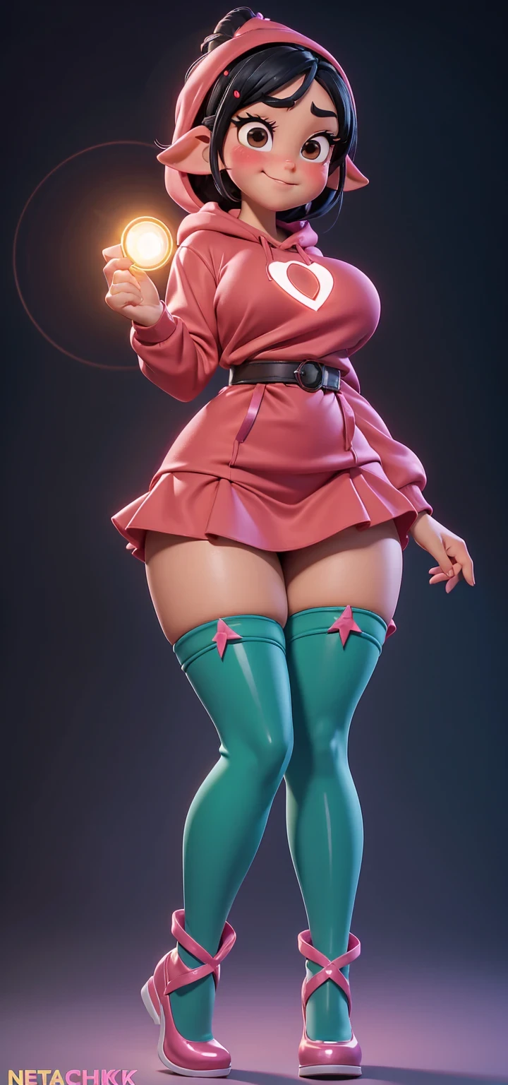 Full body view, adult, (best quality:1.4),(shiny skin), body focus, (cute face), (((best quality))), illustration, adult, full body view, ((Beautiful Finger)), , Beautiful body, Beautiful character design, ,perfect lighting, Colorful, Bright_Front_face_Lighting, ultra high res, highres, absurdres:1.2, bokeh:1.2, lens flare, huge breasts, tall, long curvy legs, stockings,(vibrant_color:1.2), , (thick thighs:1.3), THICK, Black hair with colored sprinkles, red stockings, teal hoodie, large brown eyes,perfect ears, pink blush on cheeks, content expression, skirt, adult Vanellope von Schweetz, 16 years old.