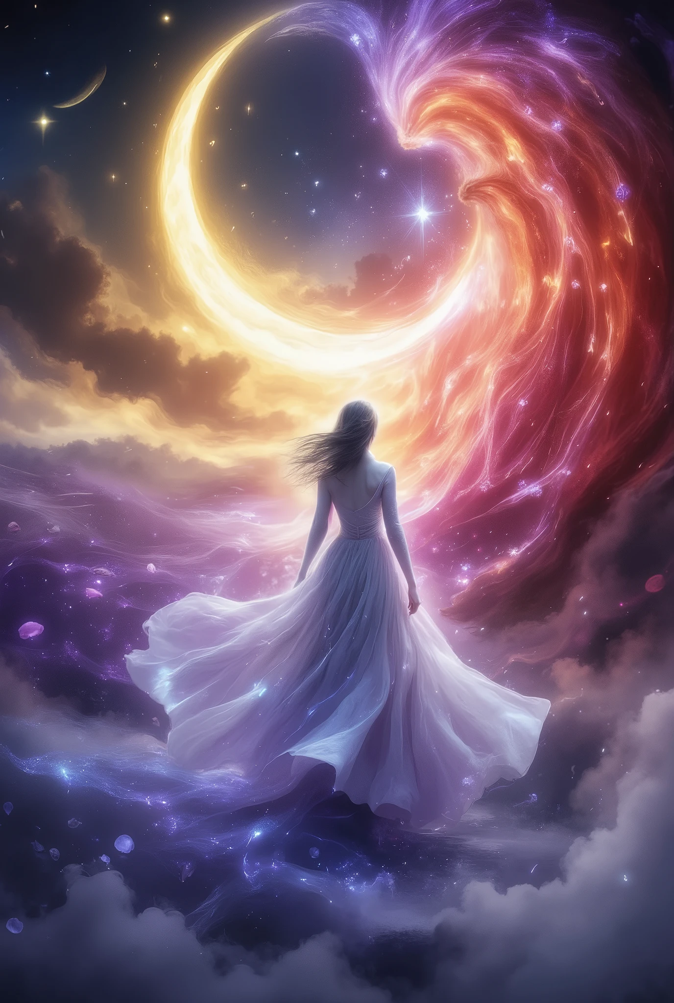 fantasy style, a snow-white purple outfit , lets through the magical mist of reddish color , her beautiful long hair develops very beautifully down the wind, flower petals circle with silver glitter , night the young moon shines in beautiful gentle yellow , masterpiece, 8 k, best quality, complicated details, maximum number of details, perfect, Wonderful,