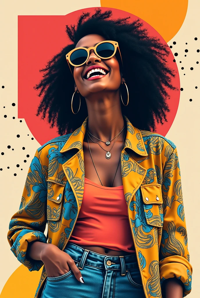 A photo of a Hispanic woman wearing a psychedelic patterned tank top and bell-bottom pants. She has a pair of hoop earrings and wears rose-colored lenses glasses. The background is a vibrant orange. There is the phrase "Life is what you want it to be" written in large, white letters. The woman is standing in a promotional pose.
