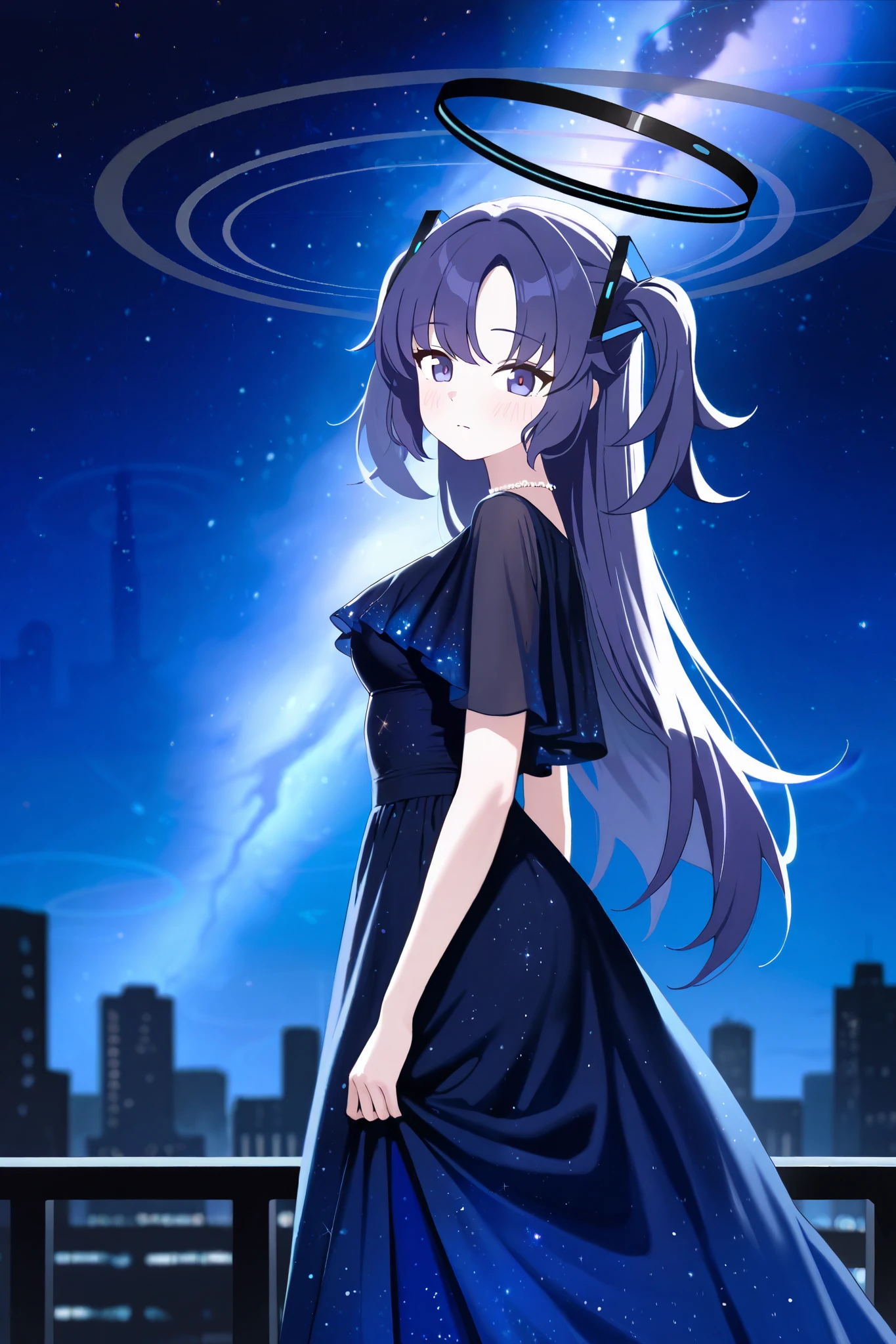 1girl, long hair, (dark blue dress, night sky galaxy overlay dress, long skirt), detailed eyes, yuuka (blue archive), parted bangs, shirt, purple eyes, blush, black halo, halo, mechanical halo, purple hair, , two side up, long shot, from side, dark night background, shadow of buildings