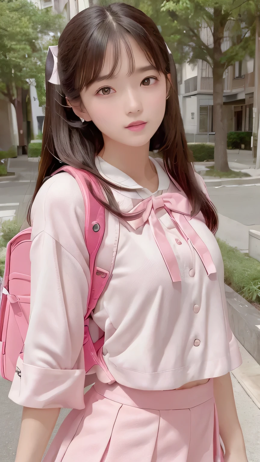 An eight-year-old girl, schoolboy school bag, cute pink school uniform, animal hanging, ponytail, headband