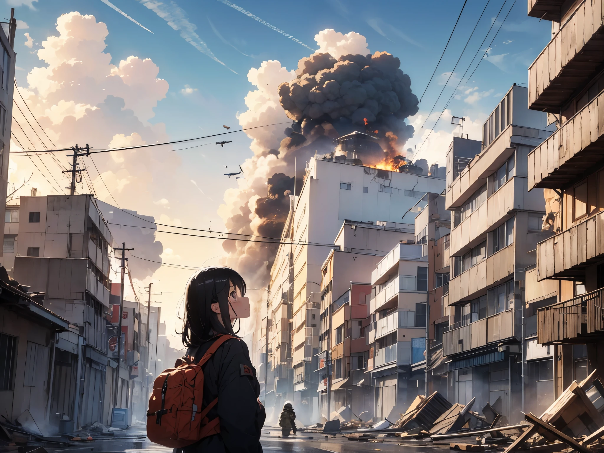 girl smiling, close mouth, one house_burning in background, meme, firemen, street, beautiful face