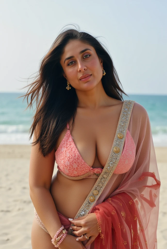 Hires photo of Kareena Kapoor, red lips, slim, cute face,  wearing a sexy dress ,cleavage, navel, seated with her legs crossed, leaning back on her hands, and arching her back slightly.uncensored, Beach party: A lively gatherings, tiki torches, and ocean waves (cinematic:1.3), intricate details, (ArtStation:1.2), high resolution ,4K