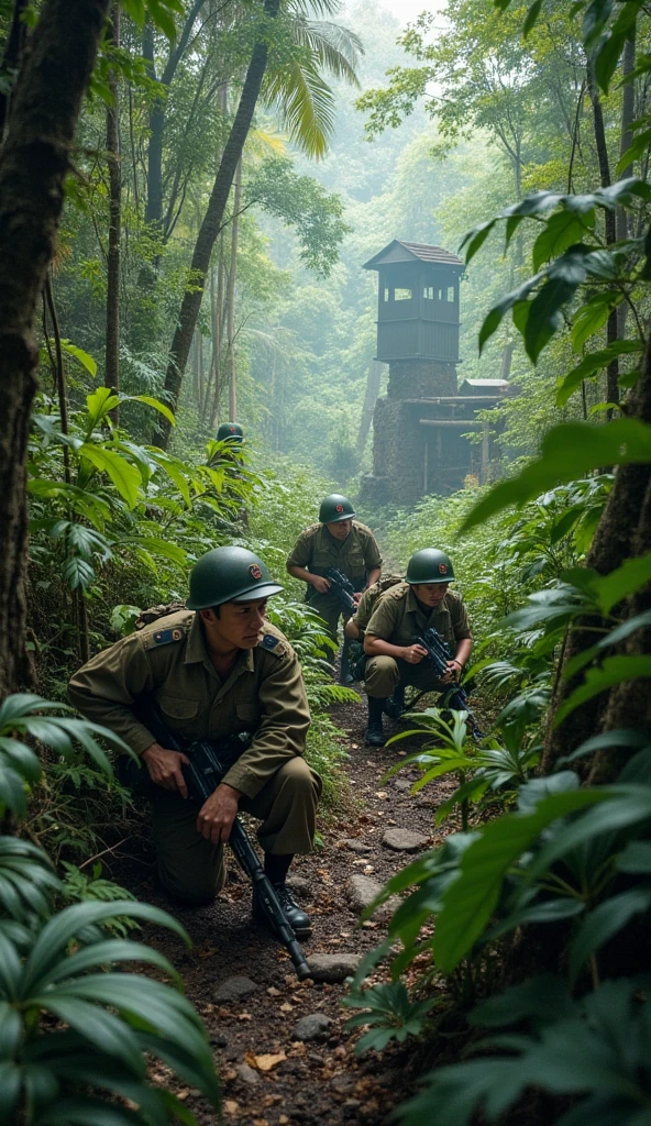 Chinese soldiers meet European soldiers in the jungle，Weapon each other against each other，The atmosphere is intense，