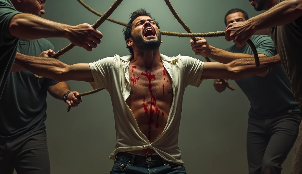 Human chained in a cross, but only in torso and the hands and behing the cross; front view, face full of rage and looking to us with bright eyes; beautiful man; caravaggio oil painting; realism; mid lenght hair; background with a lot of detail; inferior half body destroyed with legs already mutilated with tripes; and blood; show hands becomings into fangs with long and sharp nails;, and arms downs; the cross in stone with some ornament; best quality