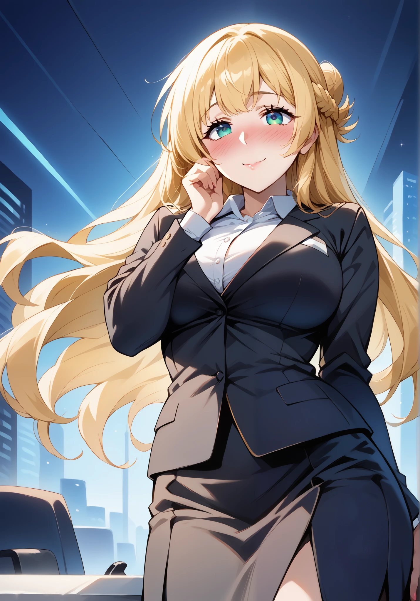 1 lady, 20 years old, blonde hair, long hair, wavy hair, light brown eyes, huge breasts, evil smile, blush,
BREAK (masterpiece), (high resolution 8K), cinematic lighting, professional lighting, detailed eyes and face, detailed body,
BREAK open clothes, bare shoulders, (bank teller, black skirt, bow, long sleeves, pantyhose, blue shirt, skirt, vest:1.1), cowboy shot,