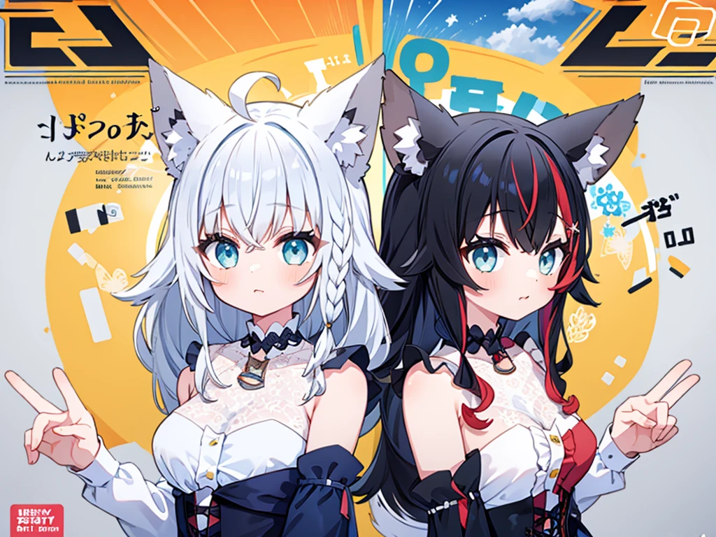Two-dimensional girl, long black hair, messy big waves, pink eyes, maid outfit, big breasts, mysterious color, black fox ears