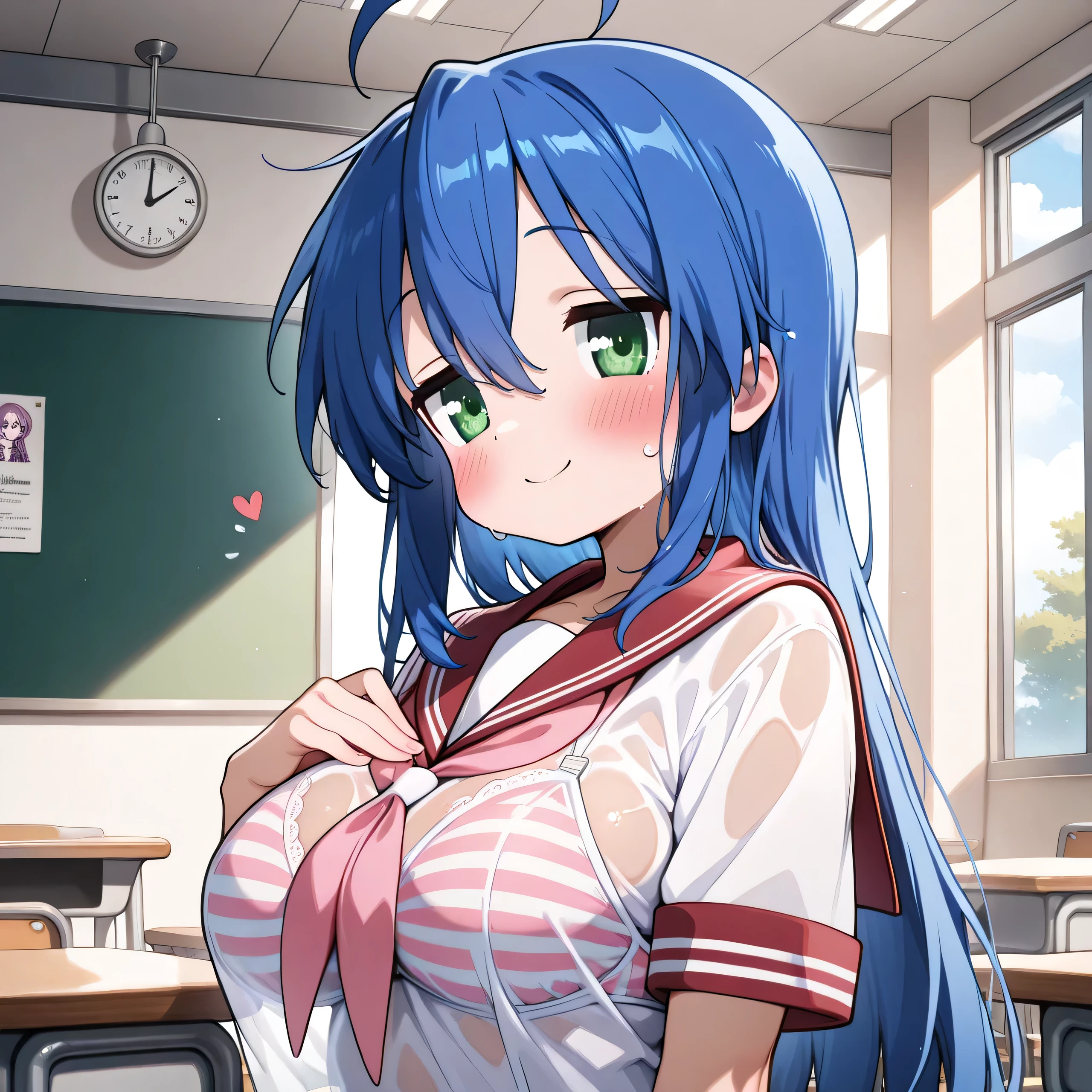 core_9, score_8_up, score_7_up, score_6_up, score_5_up, score_4_up, BREAK, source_anime, solo, 1girl, Fuwa Kokone, blue hair, medium hair, green eyes, lite smile, undersized serafuku, under boob, croptop, short sleeves, extremely micro skirt, zettai ryouiki thighhighs, looking at viewer, (sagging huge_breast:1.2), erect nipples, large areola, (skinny, slim legs, small hip, narrow waist), Unshaven black Pubic Hair, nsfw, standing, leaning forward, finger pointing, cowboy shot, in the high school, In front of the blackboard, teaching table, Scolding toward the viewer, (short stack:0.3)