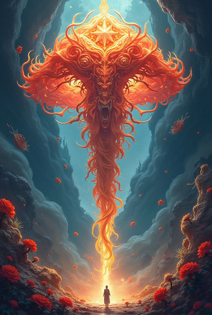 a boy with flowerblue hair and yellow eyes, a tinted and sexy body (laughter and perverted look) let the nepe be noticed ( the place that is covered in flames) with very little clothing (whole body)