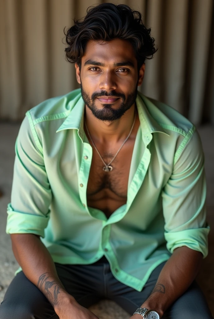 26 years old Indian, mascular, medium hair and beard, brown eyes and hair, soft lips, fair skin tone, sitting in a couch, looking into the camera.