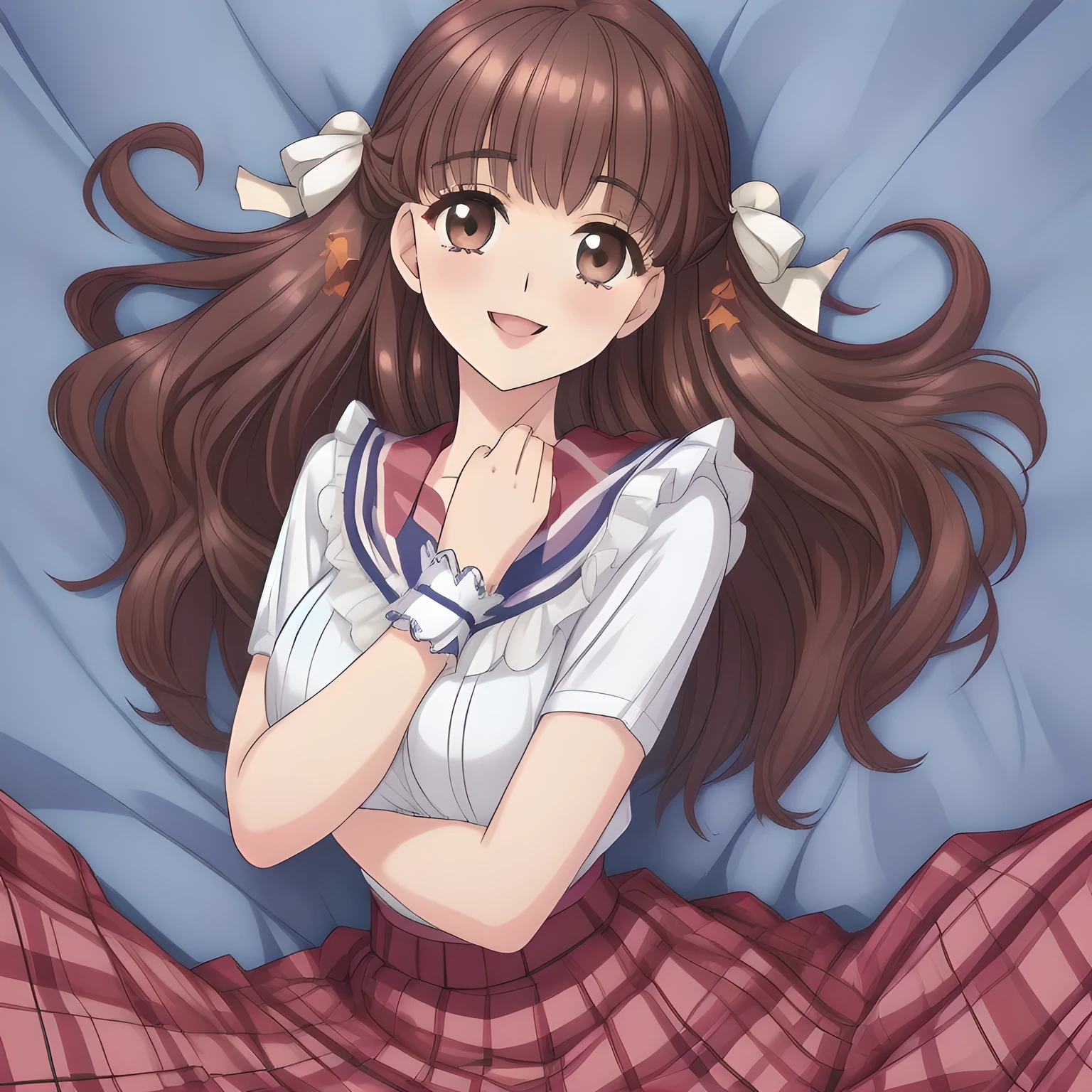 (highest quality, masterpiece: 1.6), (A (too beautiful graceful date-game heroine) is lying down on a expensive bed and laughing at me with their pretty open mouth and lovely lips, can't stop giggling, (covering her own breast ribbon with both hands), (Too Beautiful beautiful anime noble heroine), beautiful giggling noble elegant 15yot anime heroines wares completely white frilled girly blouse and (tartan checkered navy blue very-glossy plaid school skirt, beautiful shin), (inviting me into deep harem of siren and succubi), Noble Elegant uniform: 1.5), (white white white frilled blouse, with (pretty shiny large blue scarf made of silk) on the breast: 1.2), (Anime-heroine's girly noble laughing giggling (half closed) brown eyes, the eyes shines and has strong effect of allusion to the viewer: 1.6), (Realistic Charming neat dark-navy-blue very-neat well-pleated long dark-blue checkered glossy expensive plaid school skirt made of metallic-blue-wool: 1.6), (sky-blue background with white heart figured clouds: 1.7), (Eyes, face and hair are especially beautifully detailed and beautifully drawn to seduce: 1.5), (Girl whom everyone loves because of her beauty and lovely fashion and noble manner and magic-charm like succubus: 1.0), (Very beautiful, wavy, cutely super-super-long wavy gorgeous rich dark black hair like hair model, with elegant big yellow hair ribbons: 1.3), (beautiful black hair: 1.5), (Perfect slender body style like a fashion model), (The girl is too much beloved because of her beauty and seducing proportion: 1.2), (half body portrait side shot: 0.3), ((Circulating Chaotic girly pink background)), ((too elegant smile), very elegant noble pose: 1.5)