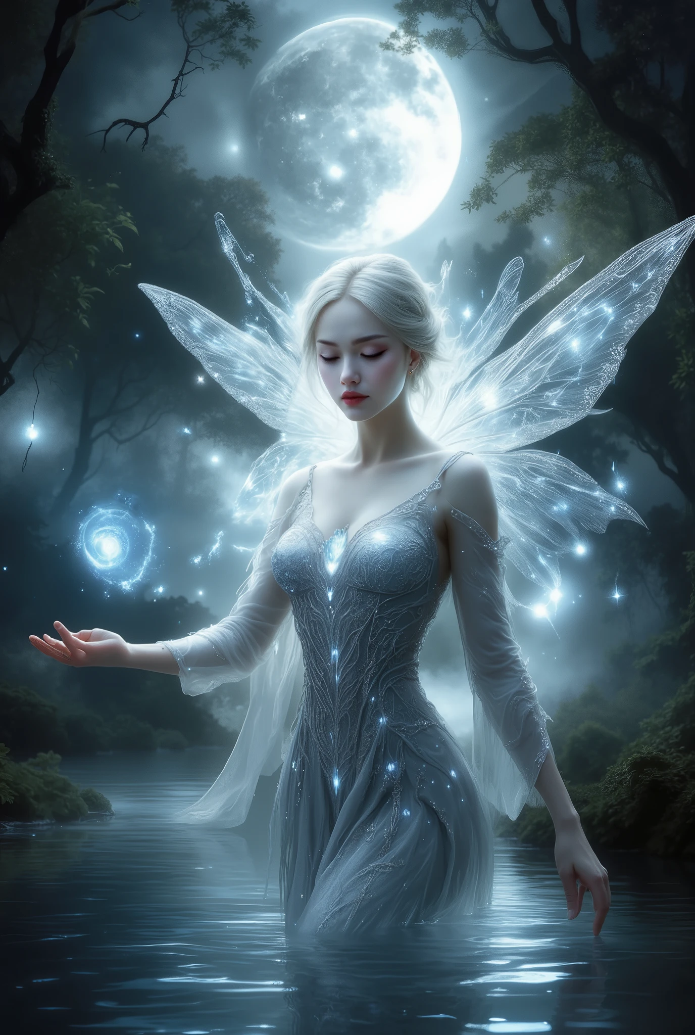 A very beautiful fairy hovers above the water in a beautiful outfit with sparkling marvelous silver glow with patterns, bright colors , reaches out to the water looks very beautiful in Fantasy style , wallpaper, 16K, best quality, complicated details, maximum number of details, Excellent quality , night trees and leaves are circling , her touch is like magic on the water,