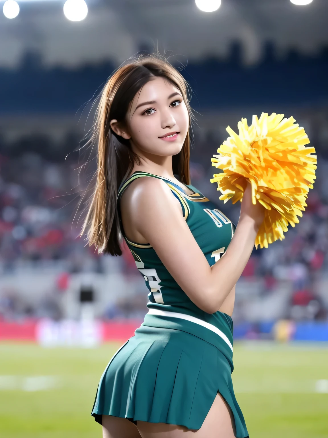 A young woman in a vibrant cheerleader costume stands out under the dazzling floodlights of a soccer stadium. Her outfit, featuring a playful design with a flared miniskirt and a bold, bright bow, sways slightly with her energetic movements. She grips blue pompoms in both hands, their metallic shine catching the light as they flutter with her enthusiasm. One leg is lifted high into the air in an impressive cheerleading pose, showcasing her athleticism and grace. The stadium roars with excitement, the night sky above providing a stark contrast to the vibrant green field below. Her radiant smile and spirited presence seem to energize both the players on the field and the crowd in the stands, embodying the electric energy of the game. White panties are visible. smiles gently, FRIENDLY. ( RAW photos , top quality ), ( realistic , photo- realistic :1.4), masterpiece, extremely delicate and beautiful, extremely detailed, 2k wallpaper, amazing on the beach, Detailed description, extremely detailed CG unity 8k wallpaper, ULTRA DETAIL, high res, Soft light, beautiful detailed girl looking back, extremely detailed eyes and face, beautiful detailed nose, beautiful detailed eyes, cinematic lighting, Perfect Anatomy, slender body.