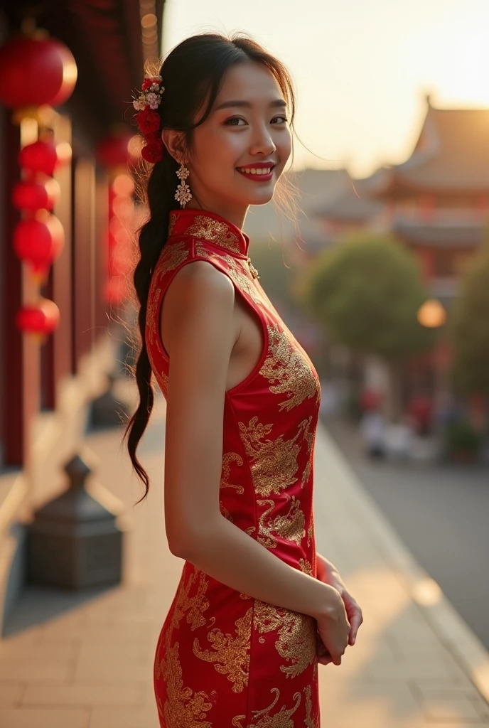 Lynn Loud, 1girl, solo, 24yo girl, large , red cheongsam, standing in a temple,pillar, looking at viewer, brown hair, two hair buns, hands score_9, score_8_up, score_7_up, from below