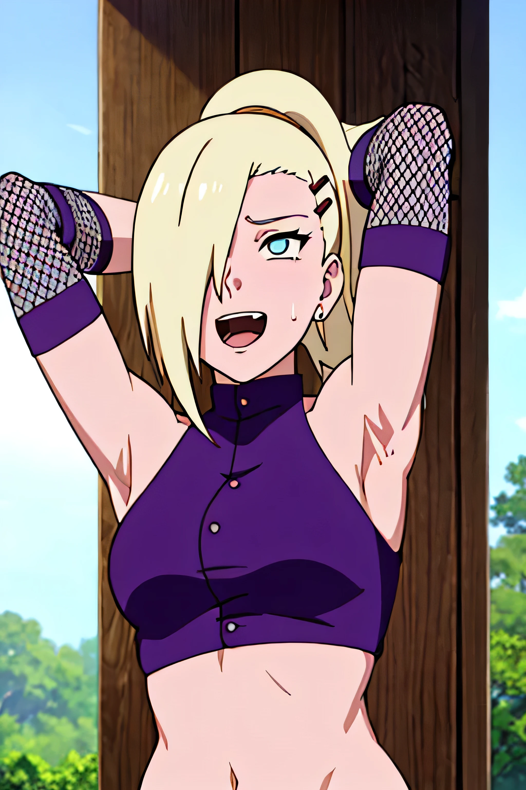 Ino Yamanaka, Ino Shippuden, green eyes,stand, full body, With breasts, Hard nipple,Hold on to your crotch tightly., condescending, hair on one eye, high ponytail, blue eyes, Masterpiece, alone, 1 girl, Sleeveless, purple crop top, fishnet, bare shoulders ,show กางเกงใน,bedroom,Clamp your legs tightly.,provoking,sexually aroused,blushing ,Water flows directly to the target.,pee,Lift up your pants,skirt handle