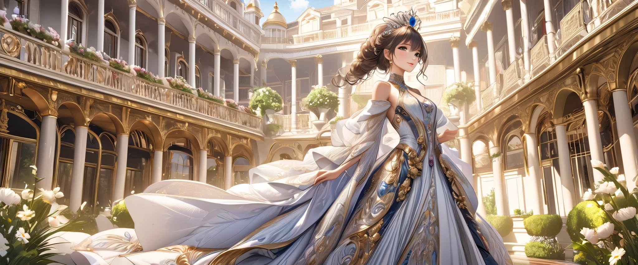 ((highest quality)),(Ultra-high resolution),(Very detailed),(Detailed Description),((The best CG)),(A masterpiece),Ultra-detailed art,Amazing drawing art,(Art with precise details:1.5), ((One-shoulder dressを着た女性:1.6)),Scattered gems:1.4,(((One-shoulder dress:1.4))),