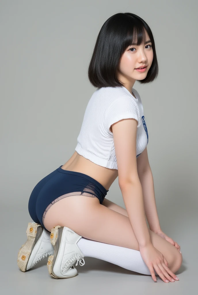 ((She flips up her shirt)), ((exposing her tits)), ((exposing her tits)), ((Her crotch is wide open, showing off the inside of her thighs)), ((legs open to the left and right most widely)), ((Her crotch is wide open, showing off the inside of her thighs)), 8k, high resolution, masterpiece, realistic, In detail, Fine texture, portrait from head to toe, high contrast, alone, high school girl, skinny girl, natural body shape, white skin, natural makeup, black hair, bangs, ((School-specified gym clothes)), ((The upper body is a short-sleeved white gym uniform, The lower body is dark blue tight bloomers))、((sitting with legs apart)), ((small breasts)), ((The upper body is wearing gym clothes)), looking at the camera, full body photo, focus on crotch, thighs exposed, white socks, white shoes , ((Girl with her legs open to the left and right most widely)), crotch out to the front most widely, full smile, ((nipples exposed)), ((legs open to the left and right most widely)), legs open to the left and right most widely, ((11 years old)), ((Legs open wide left to right)), ((soft girl)), smiling, ((crotch wide open)), ((not hiding crotch with hands or feet)), crotch wide open, cheerful smile, slender girl, hands to camera, legs open, Playground, front light, PE, ((not hiding crotch with hands)), ((emphasizing crotch)), smiling for camera, showing crotch to camera, not hiding crotch with hands, not hiding crotch with feet, ((small breasts)), crotch to camera Showing off,