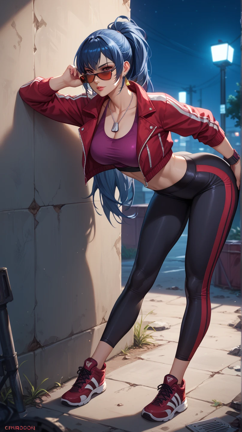 beautiful woman, short green hair, red pin, black hood, black open jacket,  bra, thight gym shorts, high knee black socks, high boots, long sleeve, dynamic pose, rina shinomyia
