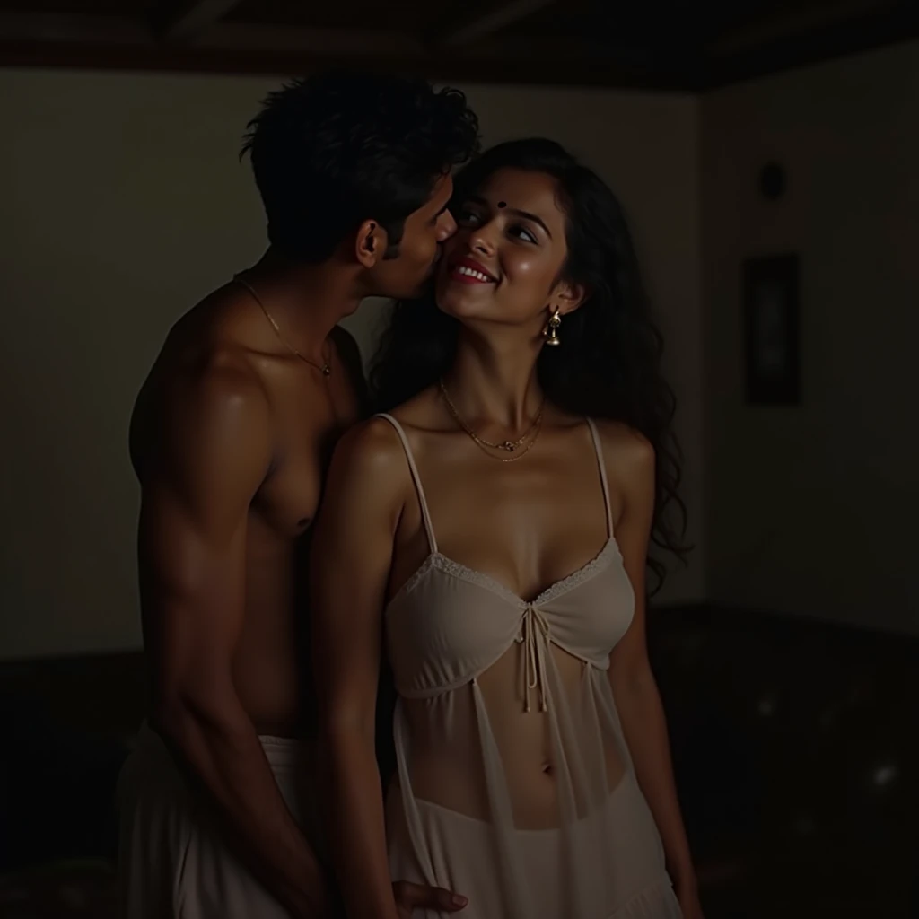 A half naked indian man with short hair, pushing a beautiful young Asian girl wearing a short lacy sundress, beautiful breasts, furrowed eyebrows, wavy black hairstyle, eyes closed, mouth open, teeth showing, c from home at night, both wet with sweat  , realistic photo, UltraHD:16k.