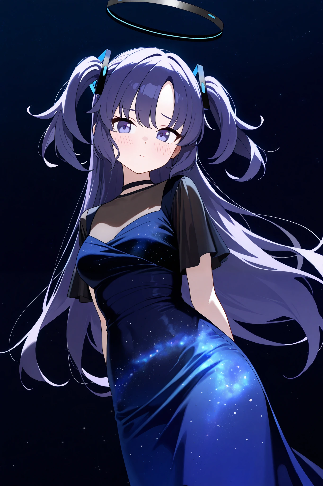 1girl, long hair, (dark blue dress, night sky galaxy overlay dress, long skirt), detailed eyes, yuuka (blue archive), parted bangs, shirt, purple eyes, blush, black halo, halo, mechanical halo, purple hair, , two side up, long shot, dutch angle, dark night background, simple background