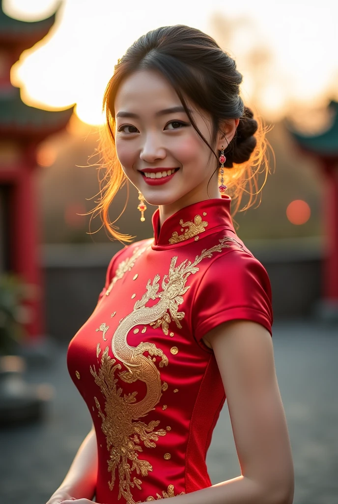 (8K, RAW Photos, Highest quality, masterpiece: 1.2), ((Large Breasts:1.2)),(Realistic, Realistic: 1.37), 1 Girl, Wearing a red dress and headdress、A woman taking a photo, Gorgeous roleplay, Beautiful costumes, China dress, Complicated Dress, Complicated costumes, Traditional beauty, Gorgeous Chinese Model, Chinese Costume, Dressed in luxurious costumes, Wearing elegant Chinese Xiuhe clothing, chinese wedding dress, Phoenix crown summer hanging, Antique Bride, Hidekazu Costume, close, Wearing the Phoenix Crown, smile, No watermark, Dragon and phoenix embroidered dress, Medium Chest