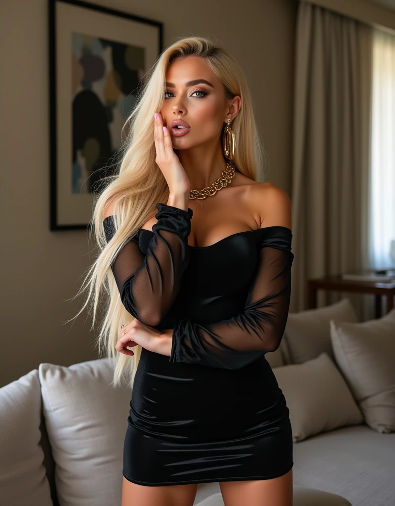(best quality,4k,highres, highres face details), blonde long curvy hair, 18 years old, instagram model, 36DD fake breast, fake lashes, fake lips, dark makeup, perfect skin, dark tan skin, she is skinny, she is caucasian, she is wearing a charcoal skin tight long skim dress, long diamond belly piercing, gold necklace, gold earring, gold ring, whole body image, taking a pose, posing, no exposed breast, no exposed vagina, golden hour, in her bed room,in her walk-in closet, view from behing, view from the back