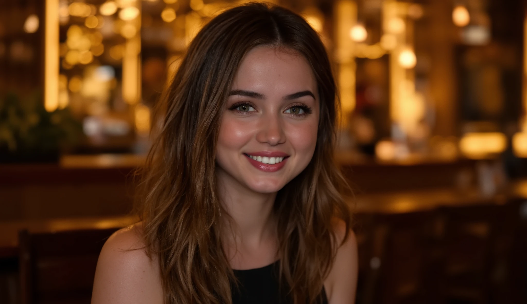 This is a photograph of a young woman taken in an indoor setting with a warm, ambient lighting. She has long, straight, light brown hair that falls over her shoulders. Her complexion is fair, and she has a bright smile, revealing straight white teeth. Her eyes are a striking blue, and her eyebrows are well-defined, giving her an expressive look. She appears to be in her early twenties and is wearing a sleeveless black top that shows off her shoulders.
In the background, there are out-of-focus lights that create a bokeh effect, contributing to the cozy and intimate atmosphere of the scene. The lights are primarily yellow and orange, suggesting the presence of string lights or fairy lights, possibly hanging above or around her. The background is blurred, but there seems to be a wooden structure, possibly a table or a piece of furniture, hinting that she might be at a bar or a restaurant.
The overall color palette of the image is warm, with shades of brown, yellow, and orange dominating the scene. The texture of her hair is smooth, and the lighting highlights the softness of her skin. The image captures a moment of casual enjoyment and warmth.