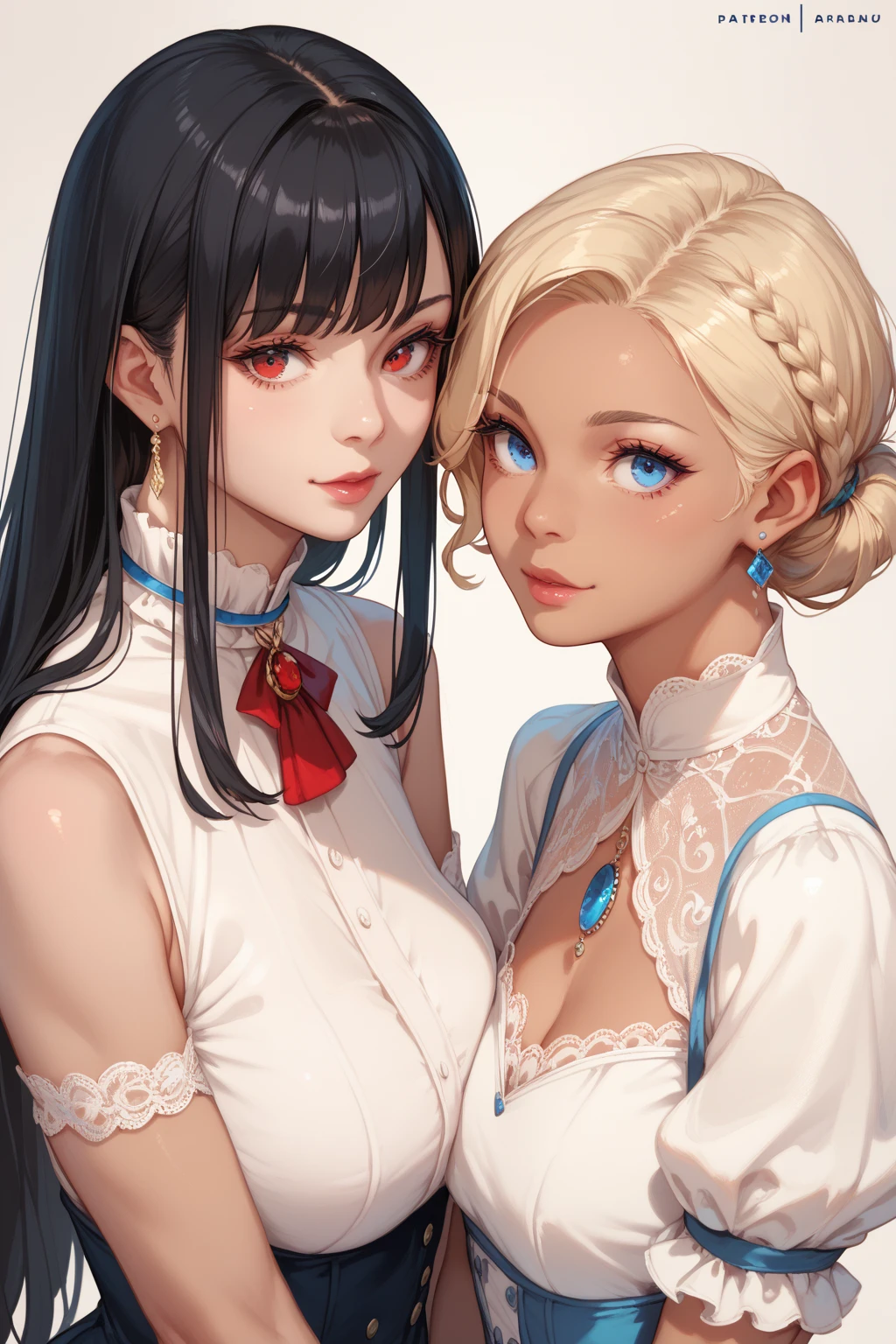 Two girls in their s in fine dining dresses, one girl with tan skin, blue eyes and blonde hair and the other being taller with black hair, red eyes, and pale skin.