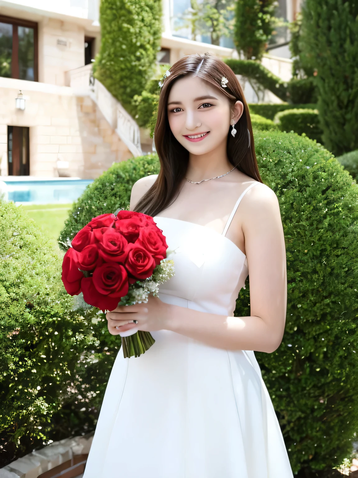 A stunningly beautiful 20-year-old woman standing in the courtyard of a luxurious mansion under a clear blue sky. She is wearing a white and blue wedding dress and holds a red bouquet with both hands in front of her chest. She looks very happy, with a radiant and joyful expression. 