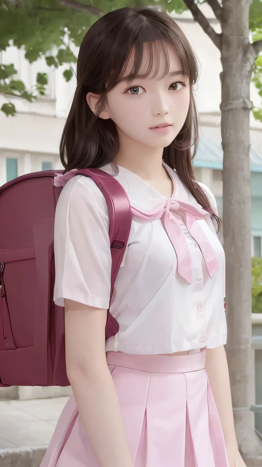 (8k, top quality, masterpiece:1.2), is present, super high resolution, complicated details, 1 girl, ( elementary school students), beautiful face, semi-long, JK Suit, ( white blouse), small breasts, pink ribbon, Pink Skirt , looking at camera, ( school bag, backpack:1.0)