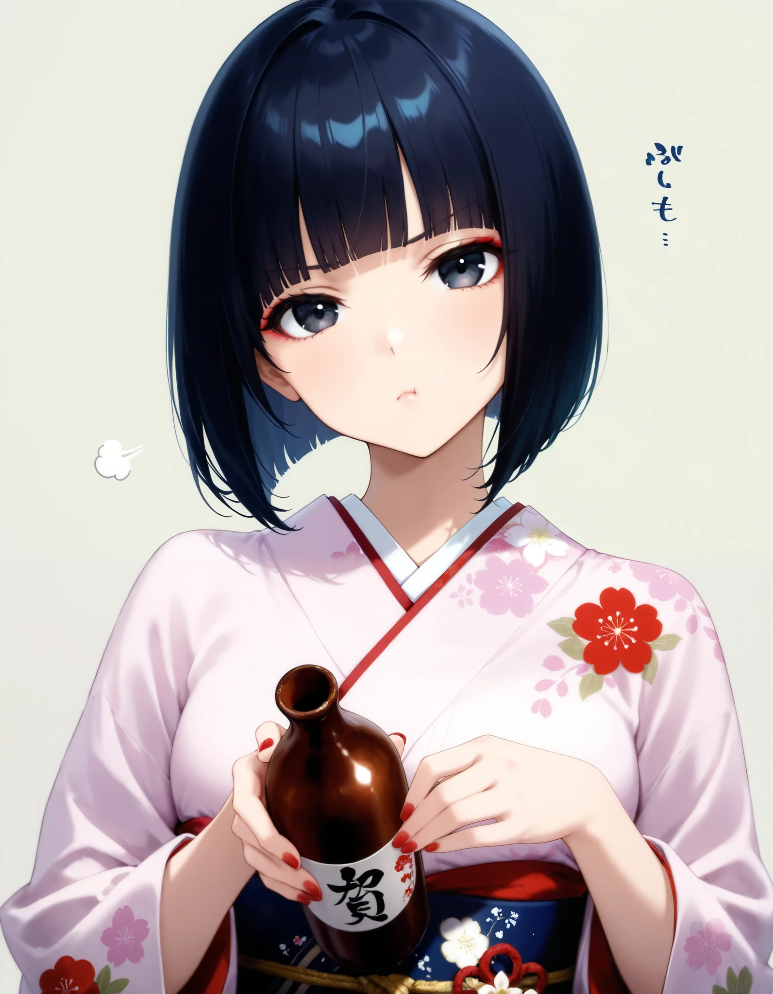 score_9, score_8_up, score_7_up, (1girl, solo), (upper body, looking at viewer), (black short hair, bob cut, blunt bangs), black eyes, (pouting, booing), (Japanese clothes, kimono, floral print, sash, long sleeves, obi), head tilt, holding Japanese SAKE bottle, (nail polish, red nails), (simple background, grey background)