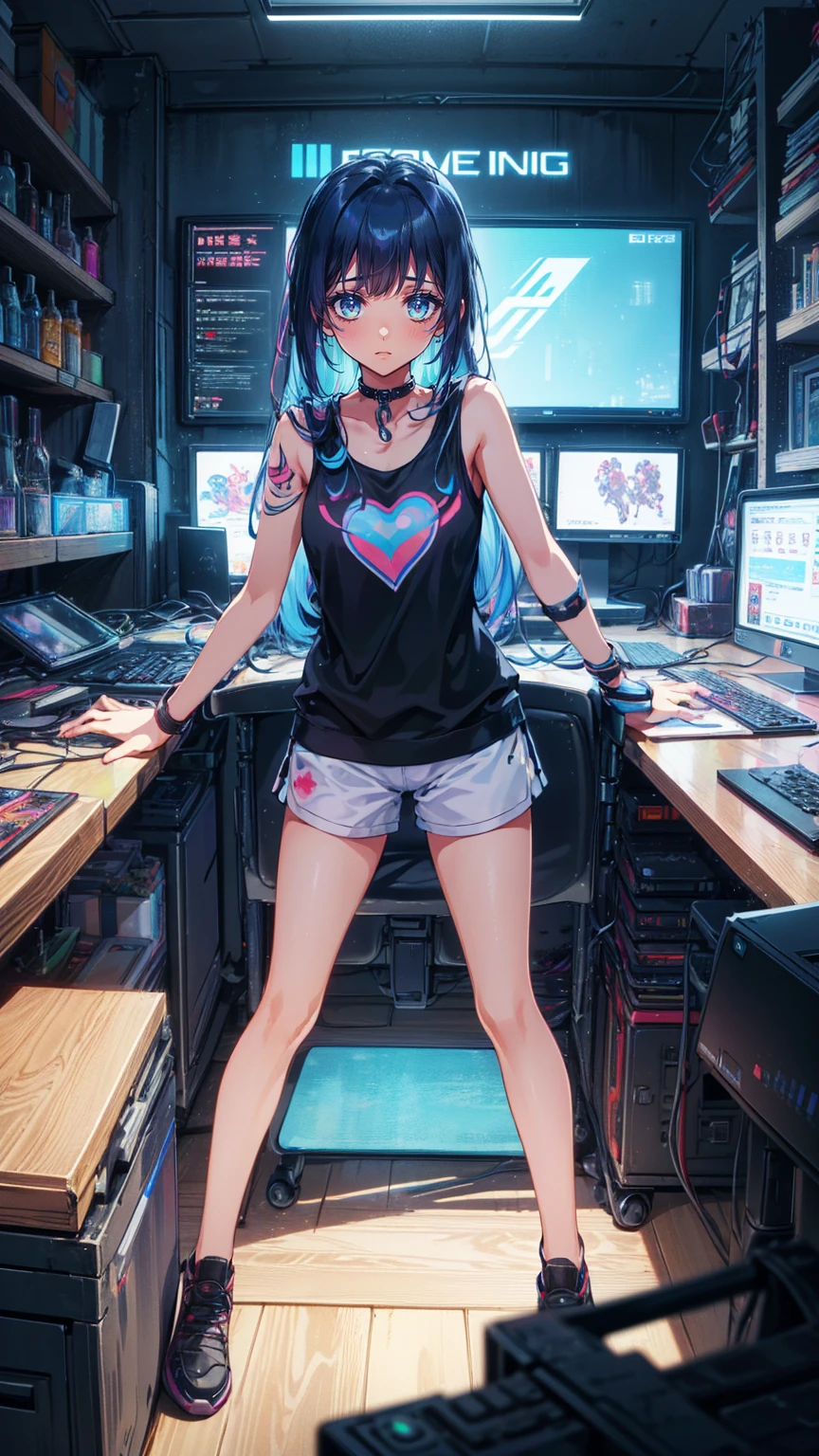 A young girl, styled after Ayanami Rei, is depicted standing alone in a Stand Splits pose. She has short blue hair with bangs and hair strands between her eyes, and she is wearing a T-shirt and mini skirt instead of her usual bodysuit. The environment features a pixelated background illuminated with neon lights, giving a science-fiction vibe. The color palette is vivid with red accents, showcasing a high contrast and keen focus. The scene includes a holographic interface and a dark atmosphere, with detailed shading and metallic textures. Her eyes are red, and she wears an interface headset. The environment is an illuminated, reflective surface with exquisite details and studio lighting, emphasizing the futuristic theme.