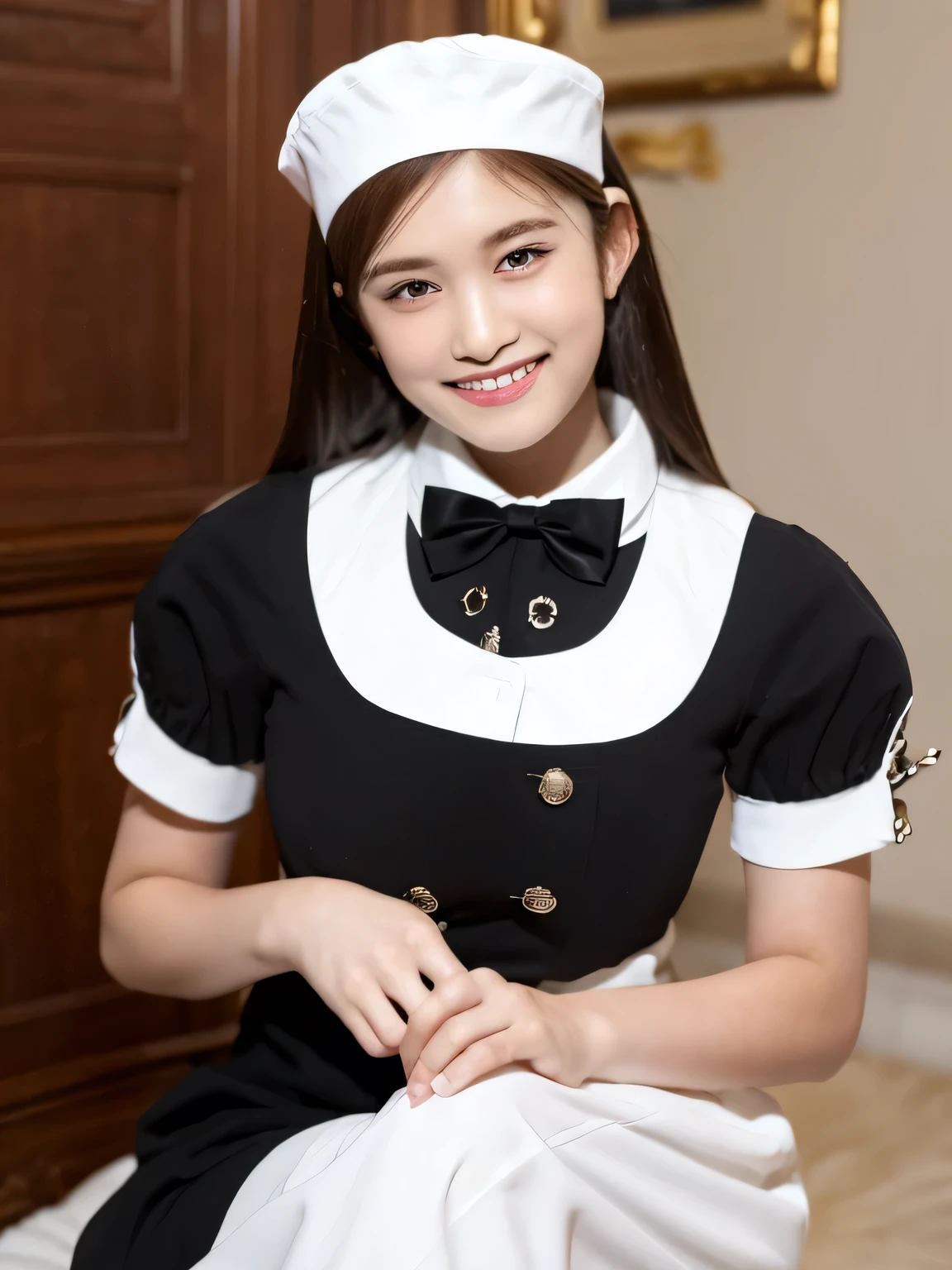 Depict a 20-year-old, very beautiful woman in a luxurious mansion room. She is dressed in a classic black-and-white maid outfit with a short hem and wearing a white brim cap. Her expression is confident, and she is smiling warmly. The setting includes elegant furnishings and decor typical of a grand estate, with soft, natural lighting to enhance the sophisticated atmosphere.