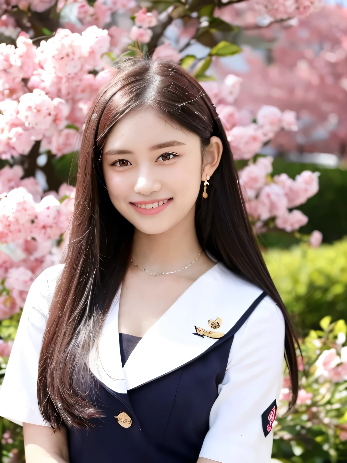 Depict a 20-year-old, very beautiful woman standing under a row of fully bloomed cherry blossom trees. She is dressed in a classic black-and-white sailor-style outfit with a short hem. Her cheeks are slightly flushed, and she is smiling gently, radiating a cheerful and charming aura. The background is filled with vibrant pink blossoms and soft natural light, creating a serene and picturesque scene.