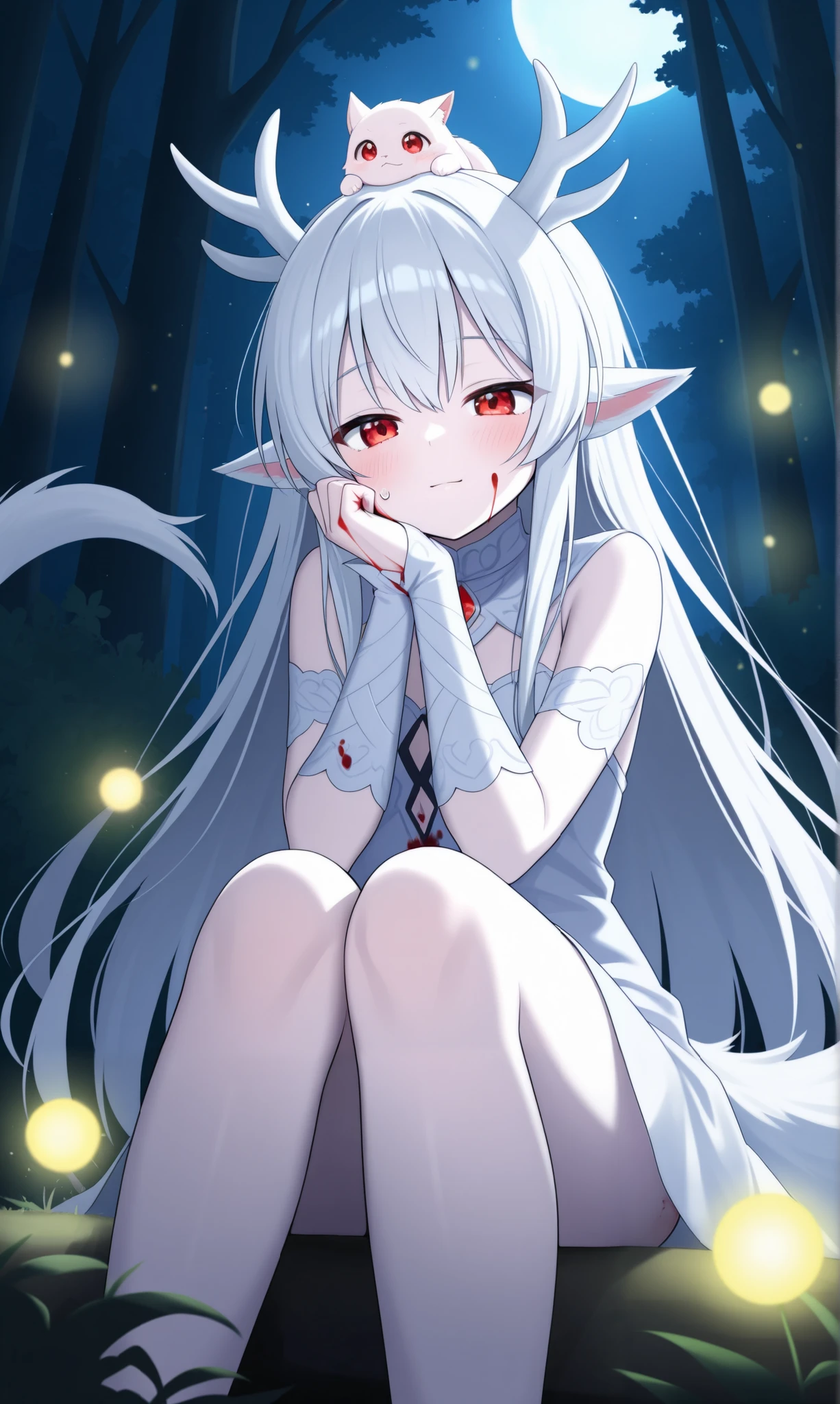 Similar to this picture, detailed eyes, red eyes , ears down , sharp animal ears, blushes, there is a fluffy ball at the end of the grip, there is blood on the face, blood on my hands, the tip of the host is colored red, blood drops on clothes.