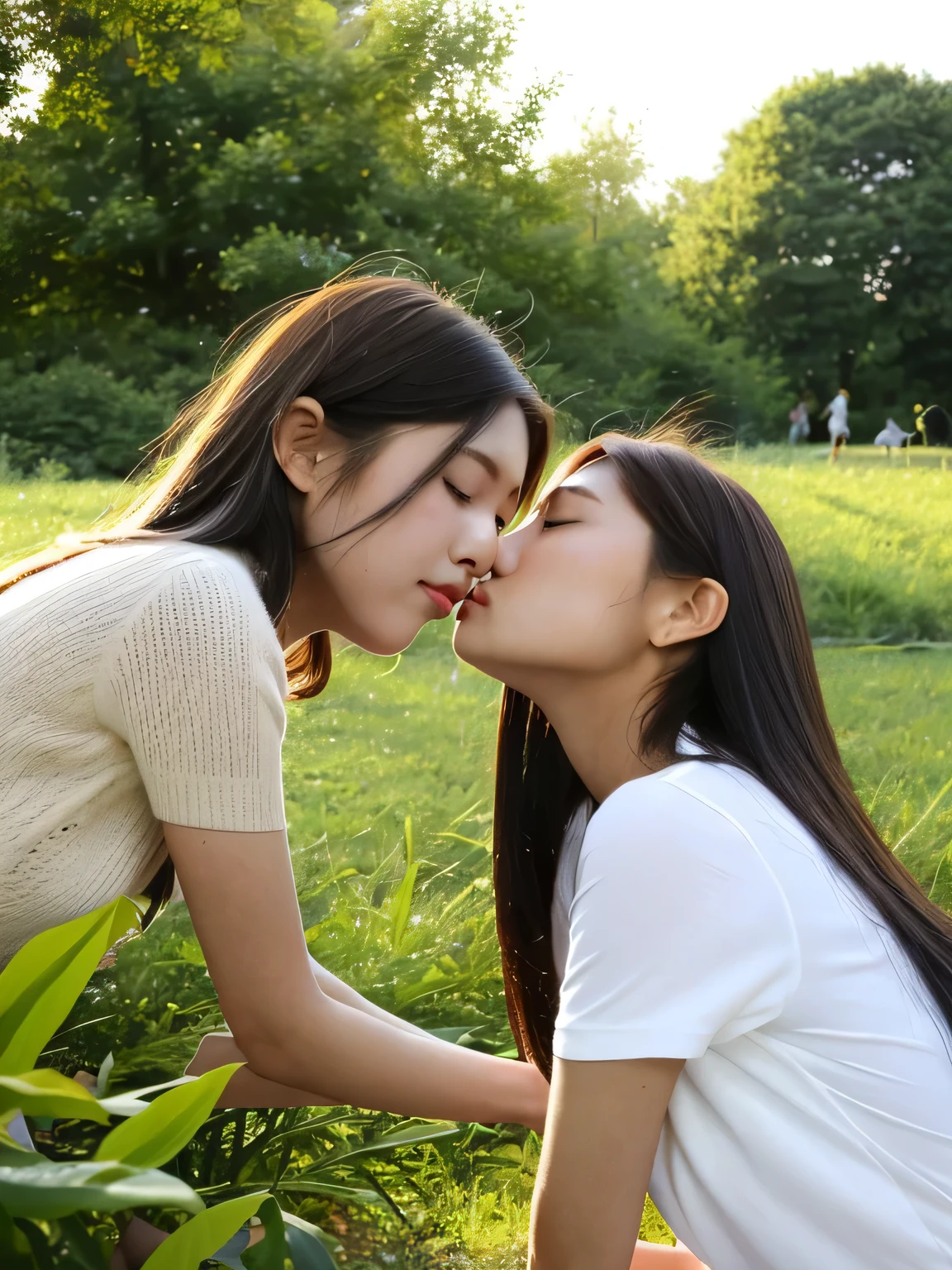 Depict a 20-year-old, very beautiful woman standing in a lush, green park at sunset. The warm light of the evening sun bathes the scene in a golden glow. She is facing forward, her eyes gently closed, her cheeks slightly flushed, and her face tilted slightly upward as if anticipating a kiss. The atmosphere is serene and romantic, with the soft colors of the sunset complementing the tranquil surroundings. 1 woman。