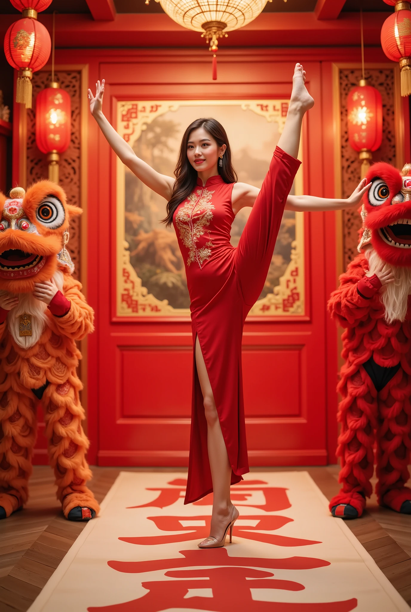standing split， masterpiece,  high quality ,  Best Quality , Aesthetic ,  masterpiece,  Best Quality ,  Very beautiful , Ridiculous,  very detailed , A beautiful woman wearing a traditional red cheongsam celebrating the new year,  surrounded by bright red Spring Festival couplets .  dragon and lion dances to celebrate the arrival of the new year . There are big red characters written on the floor  " Happy Chinese New Year"